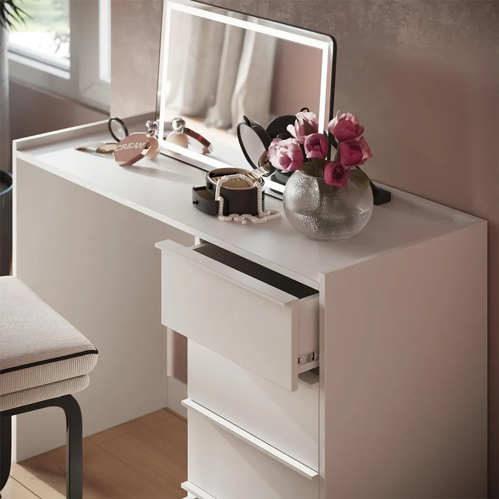 Table maquillage blanche 110cm Vicco 4 tiroirs - Solution rangement beauté