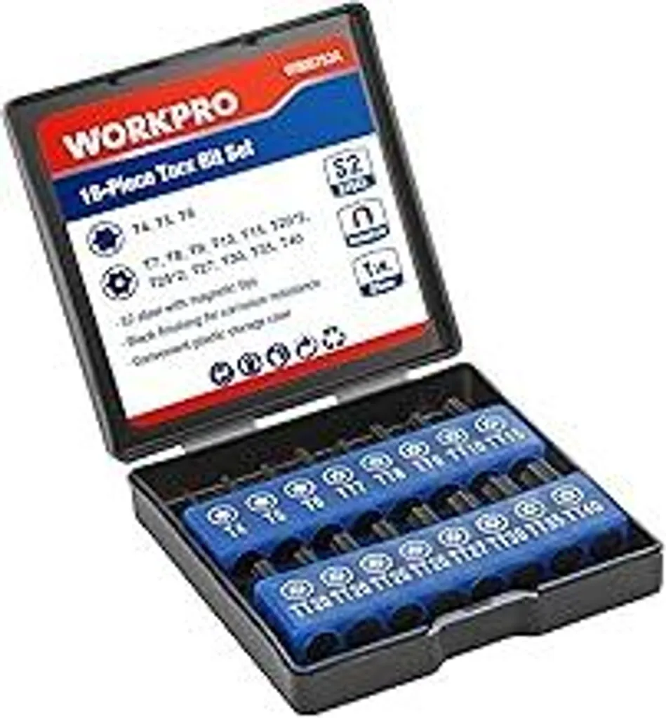 Set di 16 punte per avvitatore, set di punte Torx in acciaio S2 (25 mm), punte Torx magnetiche con portapunte, attacchi esagonali universali da 1/4, lavorate con precisione, incl. scatola di conservazione