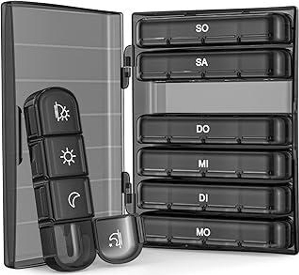 AUVON Tablettenbox 7 Tage Morgens Mittags Abends Nachts, Medikamentenbox 7 Tage 4 Fächer BPA-frei, Klein Pillendose Große Fächer für Medikament...