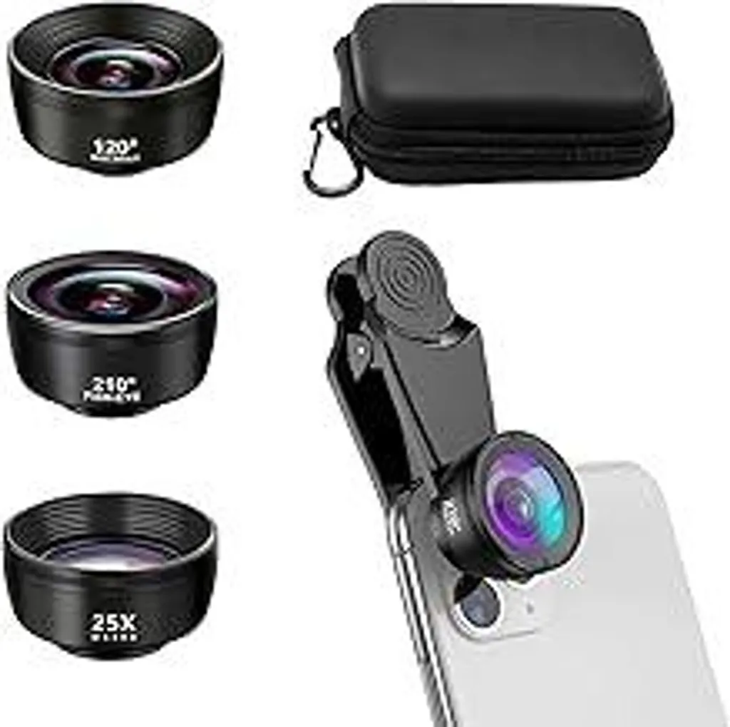 Kit Obiettivo 3 In 1 Per Smartphone | Fish-eye 210°, Grandangolo 120°, Macro 25x, Con Clip Universale E Custodia