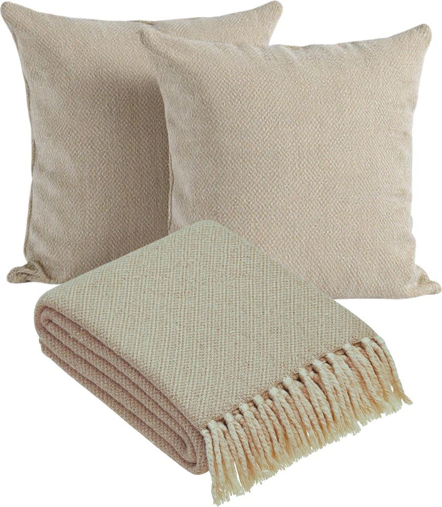 Marrakesch 3er Set Calix Beige Tagesdecke 125x150 & 2 Kissenbezüge 40x40 aus Baumwolle | Boho Sofaüberwurf mit Fransen & 2 Zierkissen ohne Füllu...