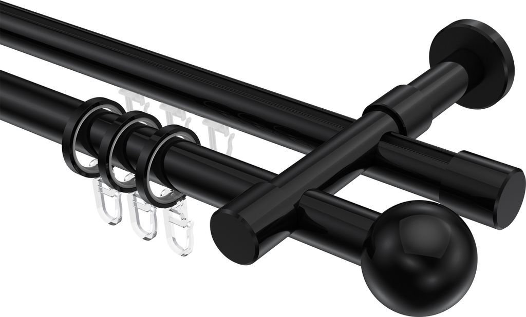 Interdeco Rundrohr-Innenlaufstange / Gardinenstange (Kombination) Schwarz, Typ Prestige Luino (Kugel), 20 mm Ø 2-läufig, 220 cm