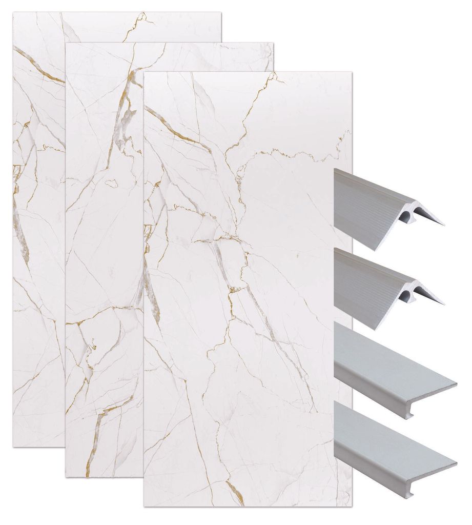 ONDEE ZEN-Pack: Montage von 3 Wandpaneelen in einer Nische – mattweißer Marmor, 120 cm – verchromte Profile