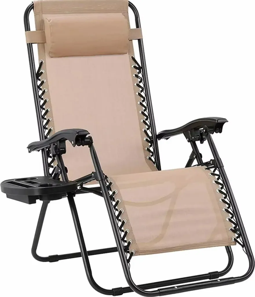 Chaise Longue Pliable Zero Gravity Beige - Pack de 2 avec Porte-Gobelet - 3