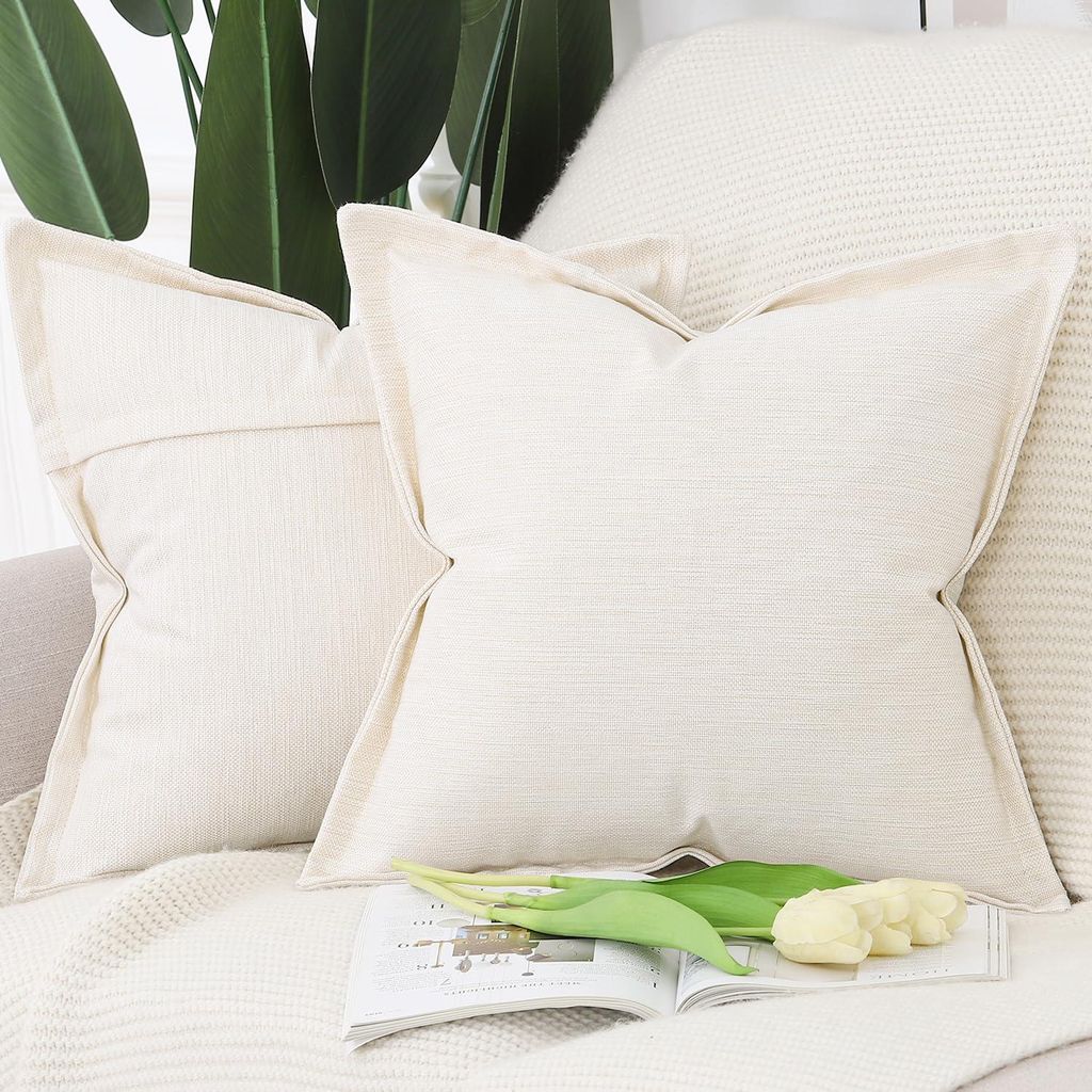 Set mit 2 Kissenbezügen aus Leinenimitat mit breitem Rand, weiche Dekokissenbezüge für Sofa und Schlafzimmer, elfenbeinfarben, 40 x 40 cm