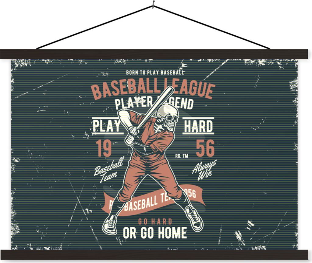 MuchoWow Textilposter Jahrgang - Skelett - Baseball 90x60 cm mit schwarzem Rahmen - Aufhängungssatz