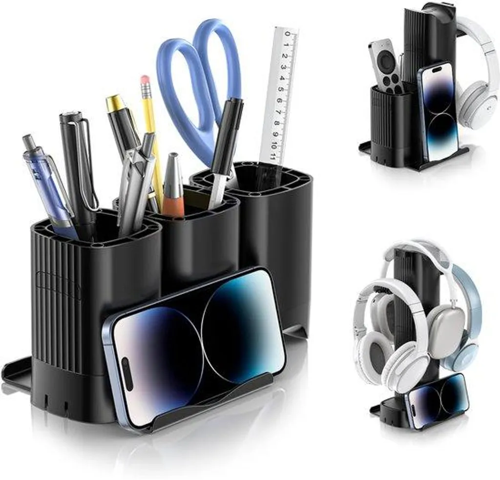 Organiseur de bureau multifonction noir avec support casque et stylos