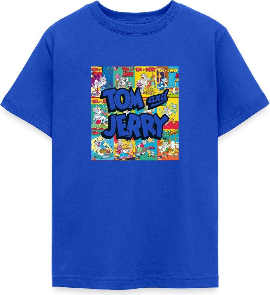 Spreadshirt Tom Und Jerry Logo Mit Vintage-Cover Collage Teenager T-Shirt, 134/146 (9-11 Jahre), Royalblau