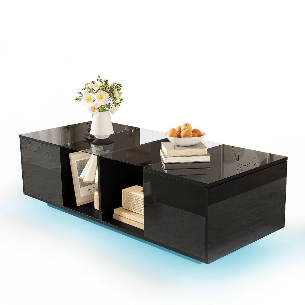 Moderner Couchtisch(Schwarz)120x50x38,5cm,Sofatisch mit LED-Beleuchtung, hochglänzender Tischplatte