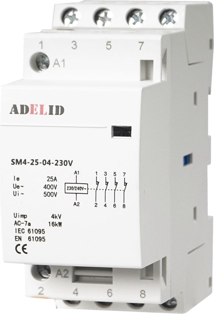 A white electrical relay or contactor with labeling and diagrams.