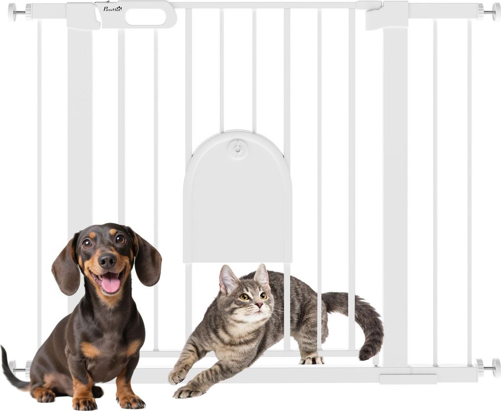 PawHut Türschutzgitter Treppenschutzgitter Hunde Absperrgitter Schutzgitter für Haustier Hundegitter Klemmbefestigung Stahl Weiß 75-103 x 76 cm