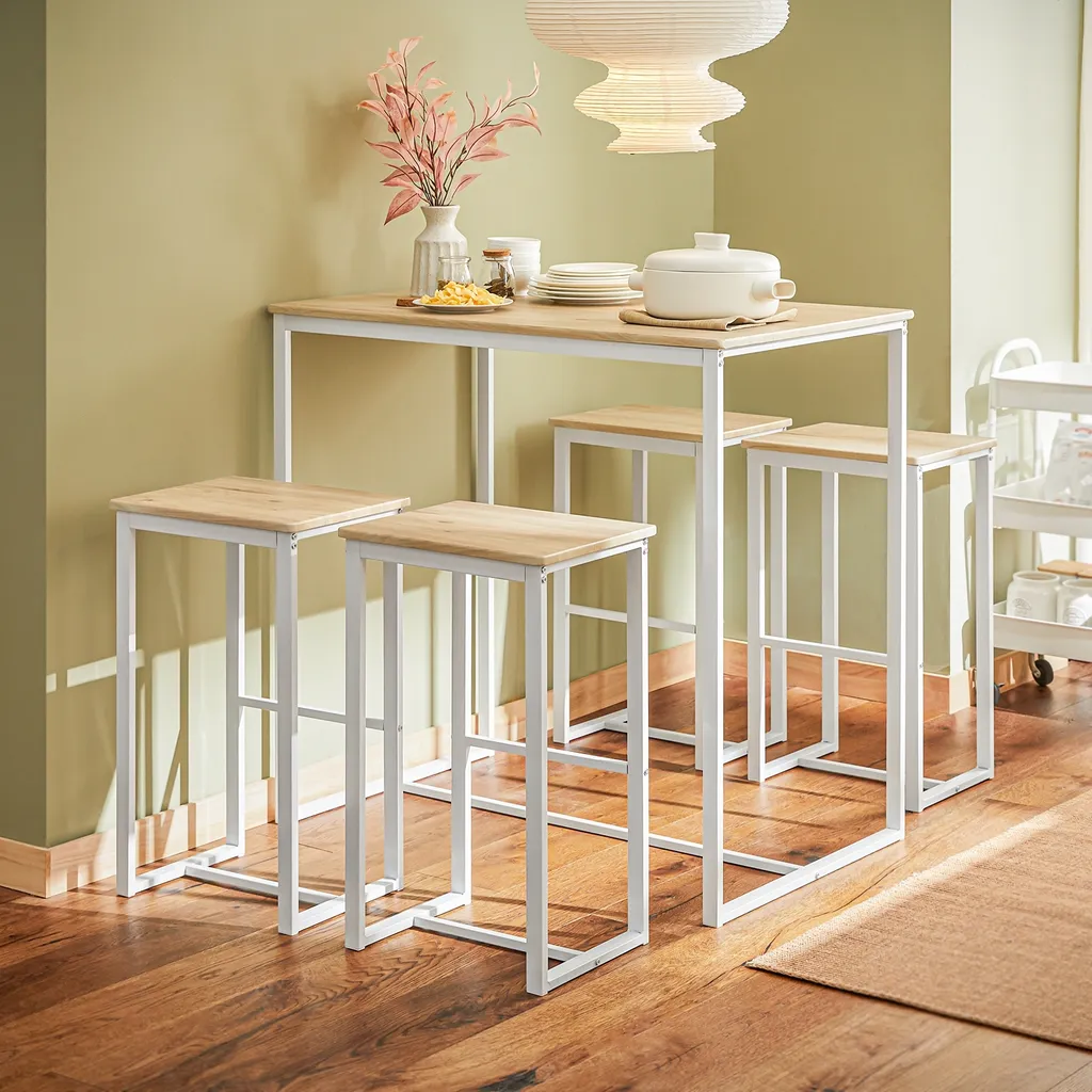 Table de salle à manger haute avec 4 tabourets de bistrot en bois blanc