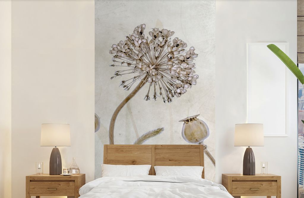 MuchoWow Fototapete für Wohnzimmer oder Schlafzimmer Wandtapete Vinyl Motivtapete Blumen - Aquarell - Stilleben - Braun - Vintage - 120x240 cm -...