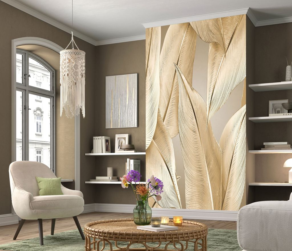 NEWROOM Tapete Gold Vliestapete Palmenblätter - Mustertapete Modern Beige Palmen Blätter Dschungeltapete Tropisch Dschungel