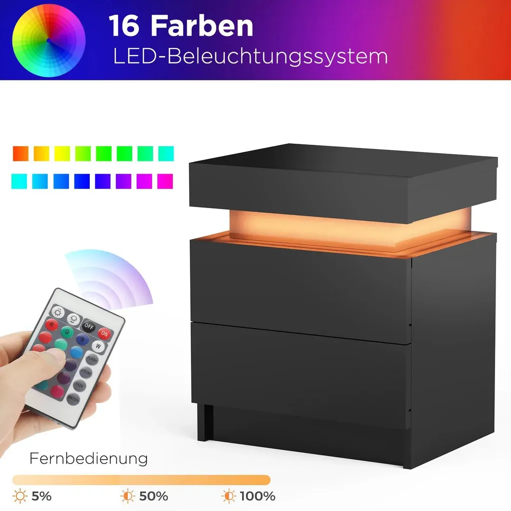 Table de chevet à LED noire avec 3 tiroirs et finition brillante luxe