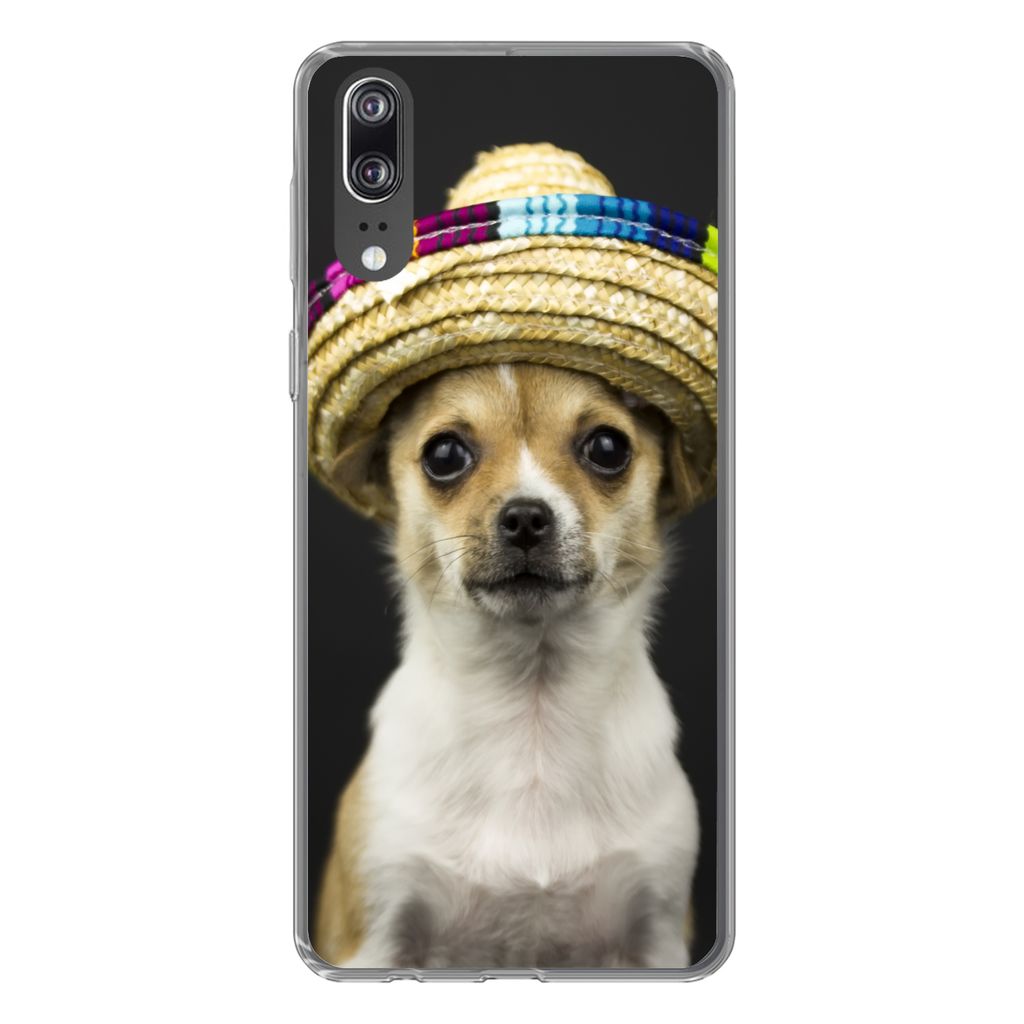 MuchoWow Handyhülle Schutzhülle Hülle für Huawei P20 Hund - Sombrero - Schwarz Silikon Softcase Handy Hülle - Hardcover