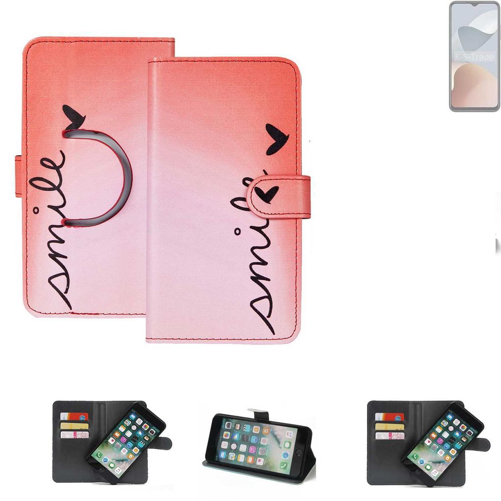 K-S-Trade Schutzhülle Handyhülle kompatibel mit ZTE Blade A54 Hülle cover bookstyle Etui ''smile'' rot Standfunktion Kameraschutz (1Stk)