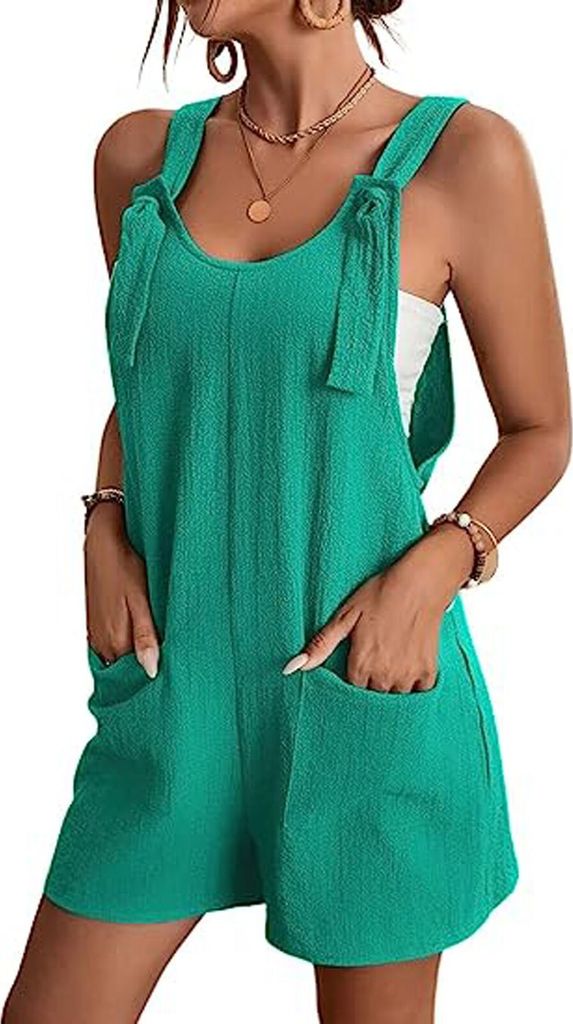 ASKSA Damen Jumpsuit Sommer Ärmellos Kurz Latzhose Playsuit Baggy mit Taschen Sommershort, Grün, L
