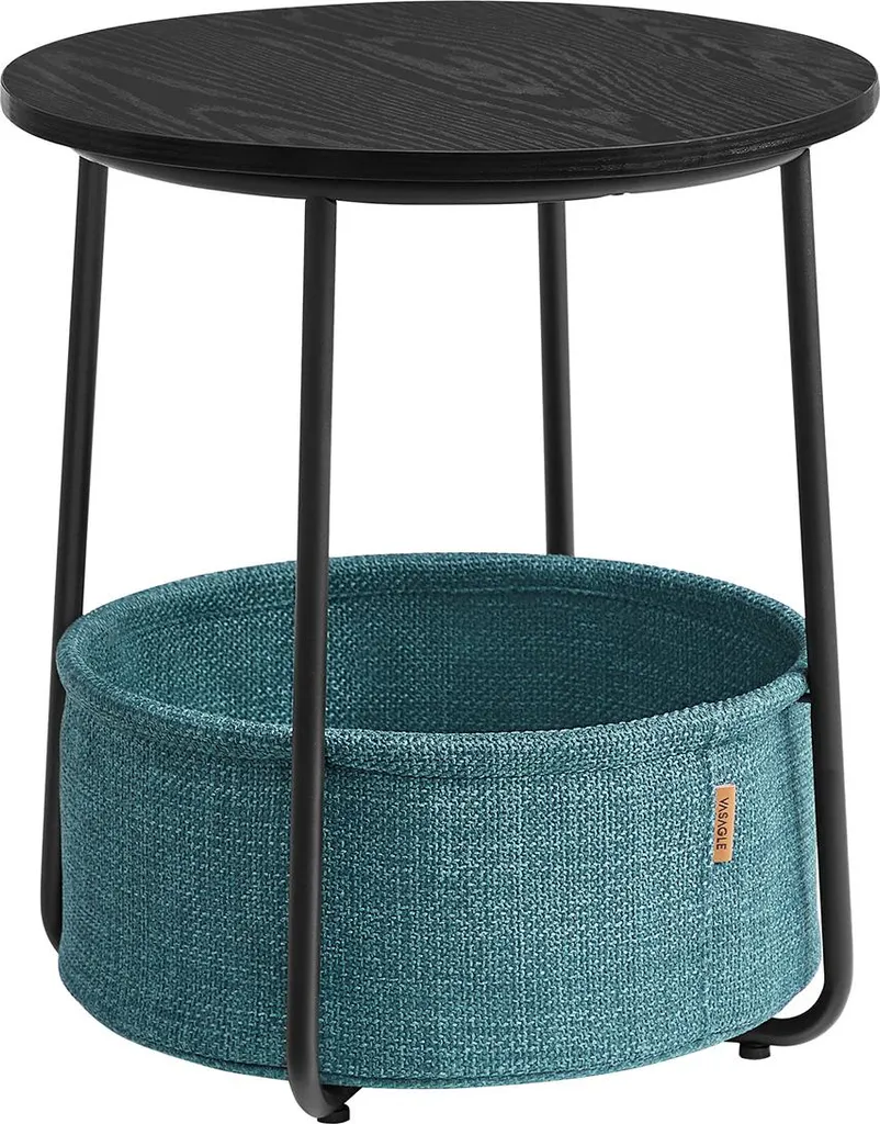 Table basse ronde bois noir avec panier de rangement turquoise foncé