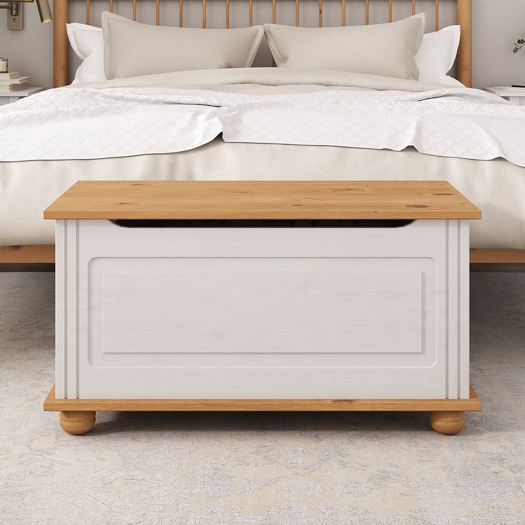 Sitztruhe BRISTOL aus Massivholz, Weiß/Braun - Truhe im Landhausstil, vielseitige Sitzbank, Kiste Massivholz mit sicherem Klemmschutz, Truhenbank ...