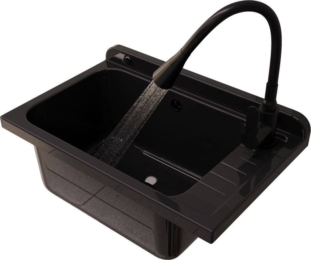 Granitan | Wirtschaftsspüle - MONZA - mit schwarzer Armatur - mit Siphon - Schwarz - 58 x 38 cm - für Waschküche und Garage