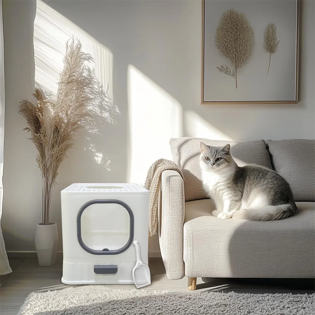 Litière pour chat blanc et gris M, solution idéale pour appartement