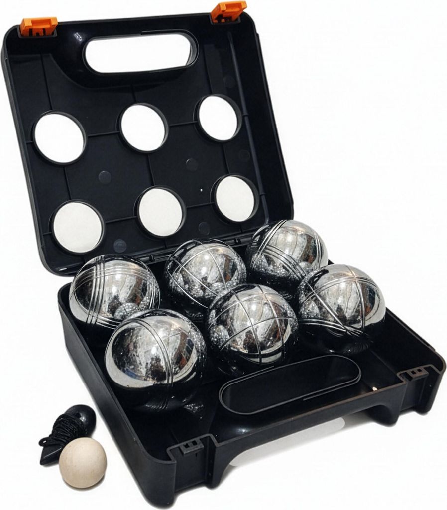Relaxdays Boule Kugeln, 6 Stahlkugeln, Set mit Zielkugel, Abstandsmesser & Koffer, Boccia Spiel, schwarz/silber