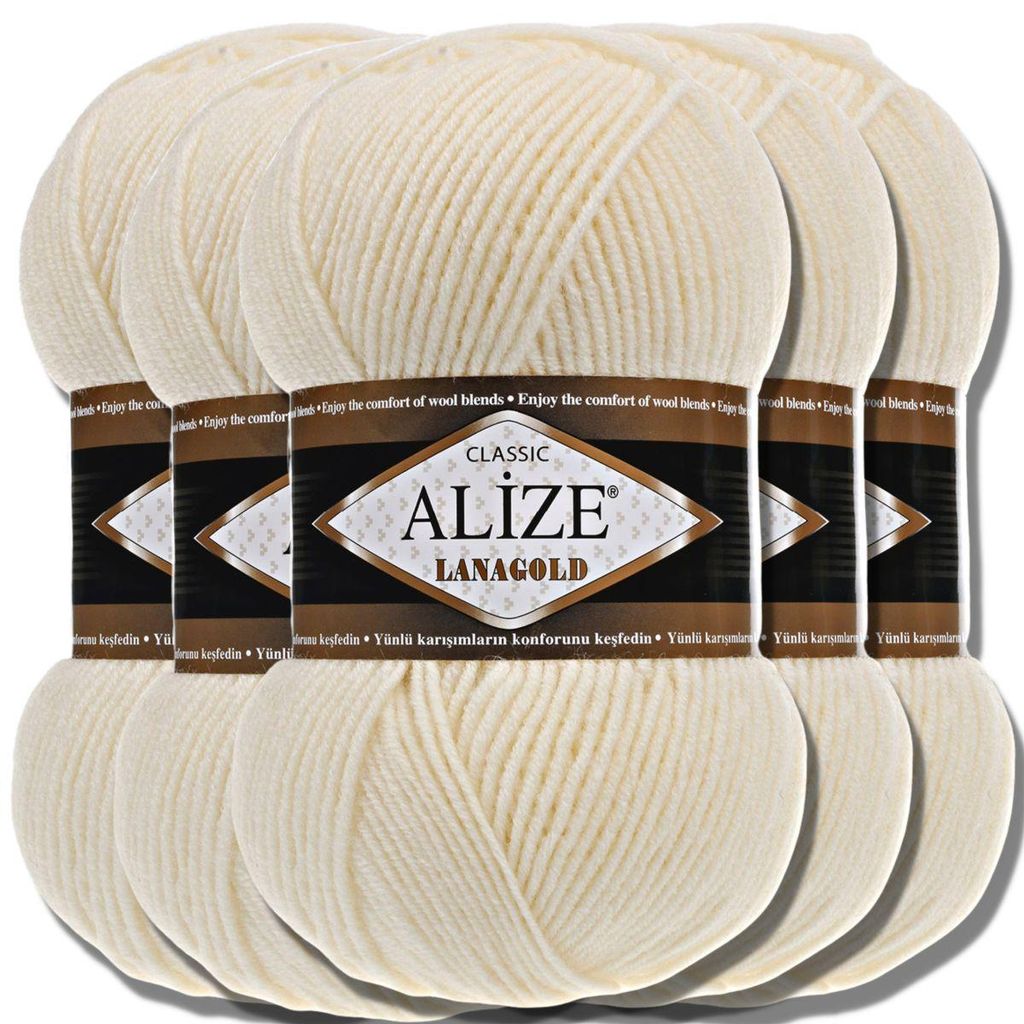 Alize 5x 100g Lanagold Wolle, Uni, Häkeln, Stricken (Cream Produktbild 