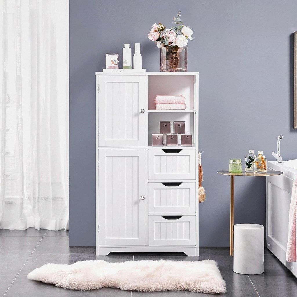 Badezimmerschrank Badkommode Unterschrank Badschrank mit Schubladen & Ablagefächer & Haken & Schränke Bodenschrank Baderegal mit Höhenverstellba...