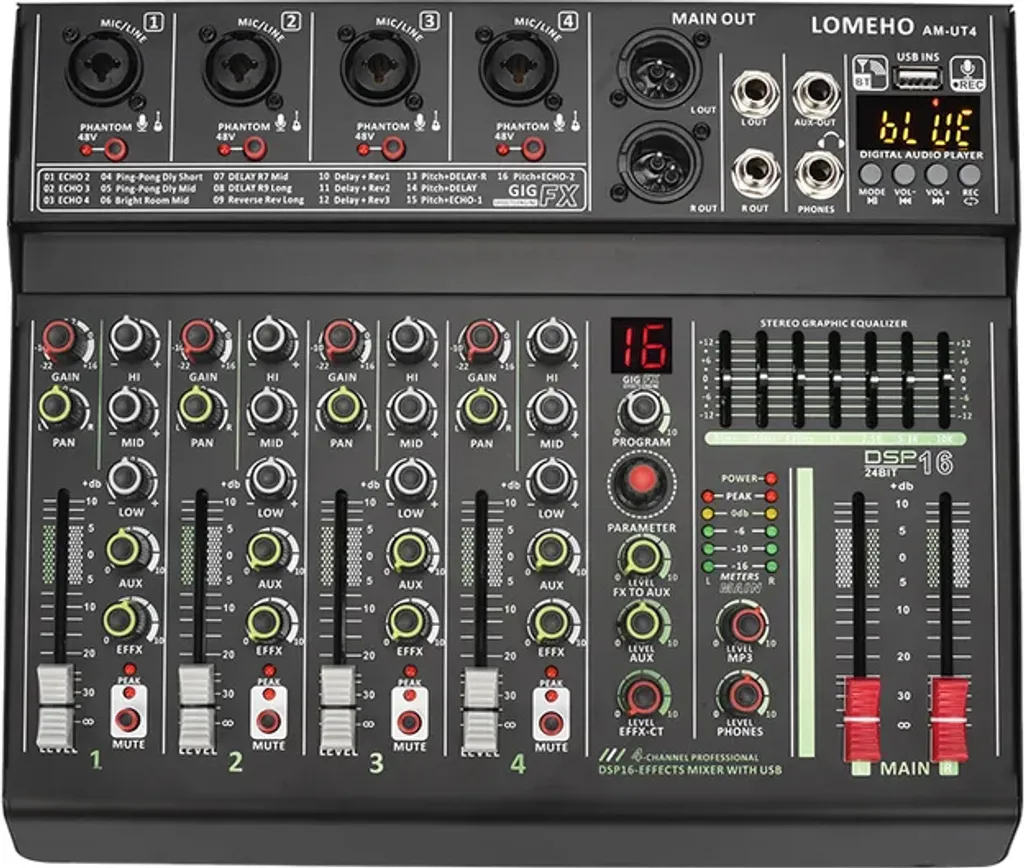 Table de mixage DJ 4 canaux avec 16 effets DSP et alimentation 48V