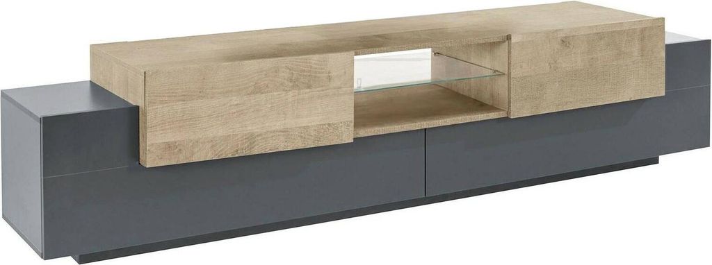 Fernsehschrank Dmusso, Niedriges Sideboard für Wohnzimmer mit 2 Türen, Sockel für TV-Möbel, 100 % Italy, cm 220x40h51, Anthrazit und Ahorn