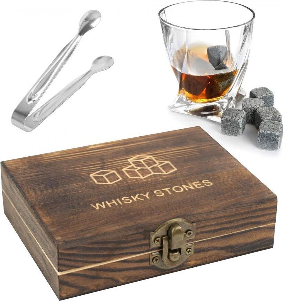 UNIQ Whiskey Steine Set aus Granit 9er Pack in edler Holzbox mit Zange und Aufbewahrungsbeutel