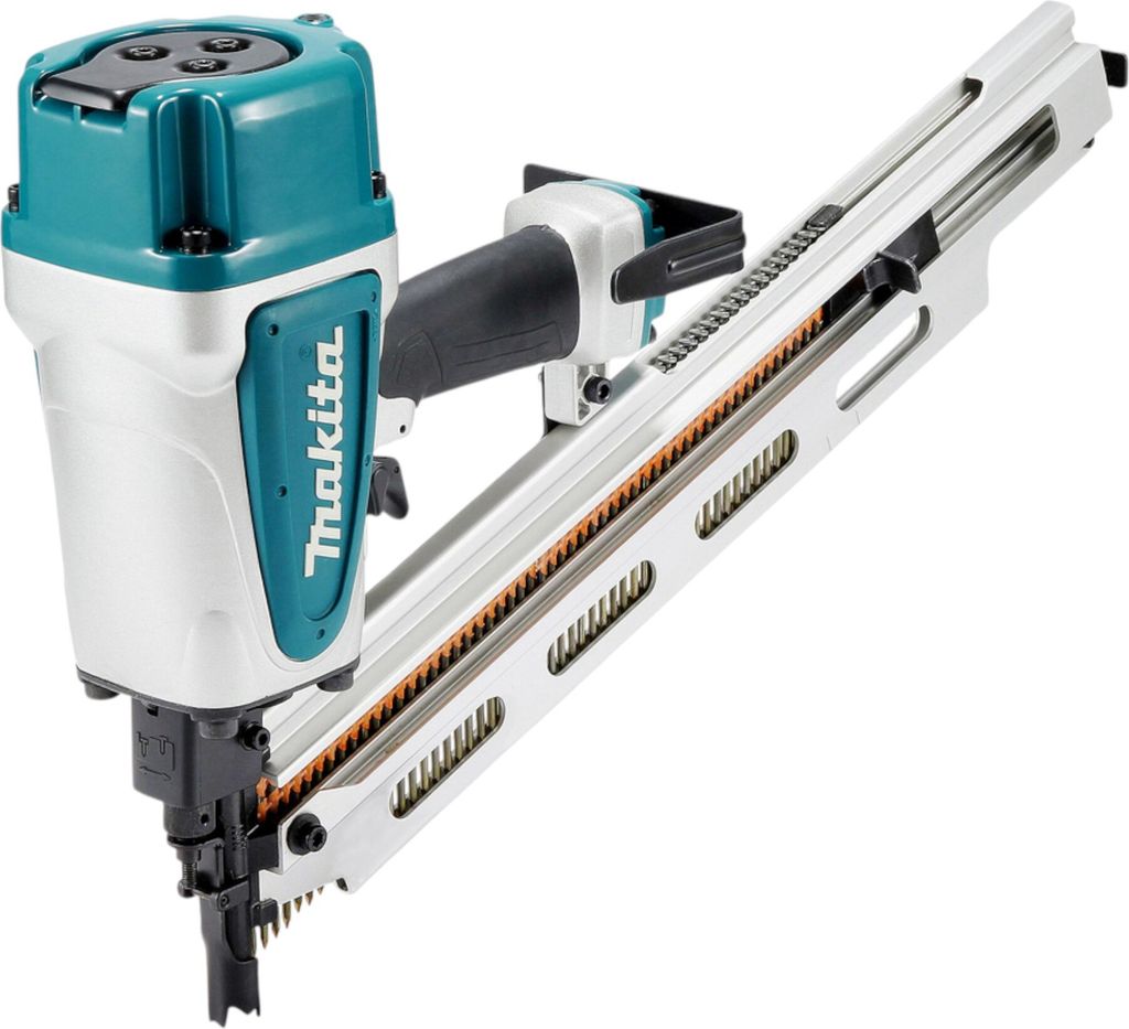 A professional studio shot of a pneumatic nail gun.