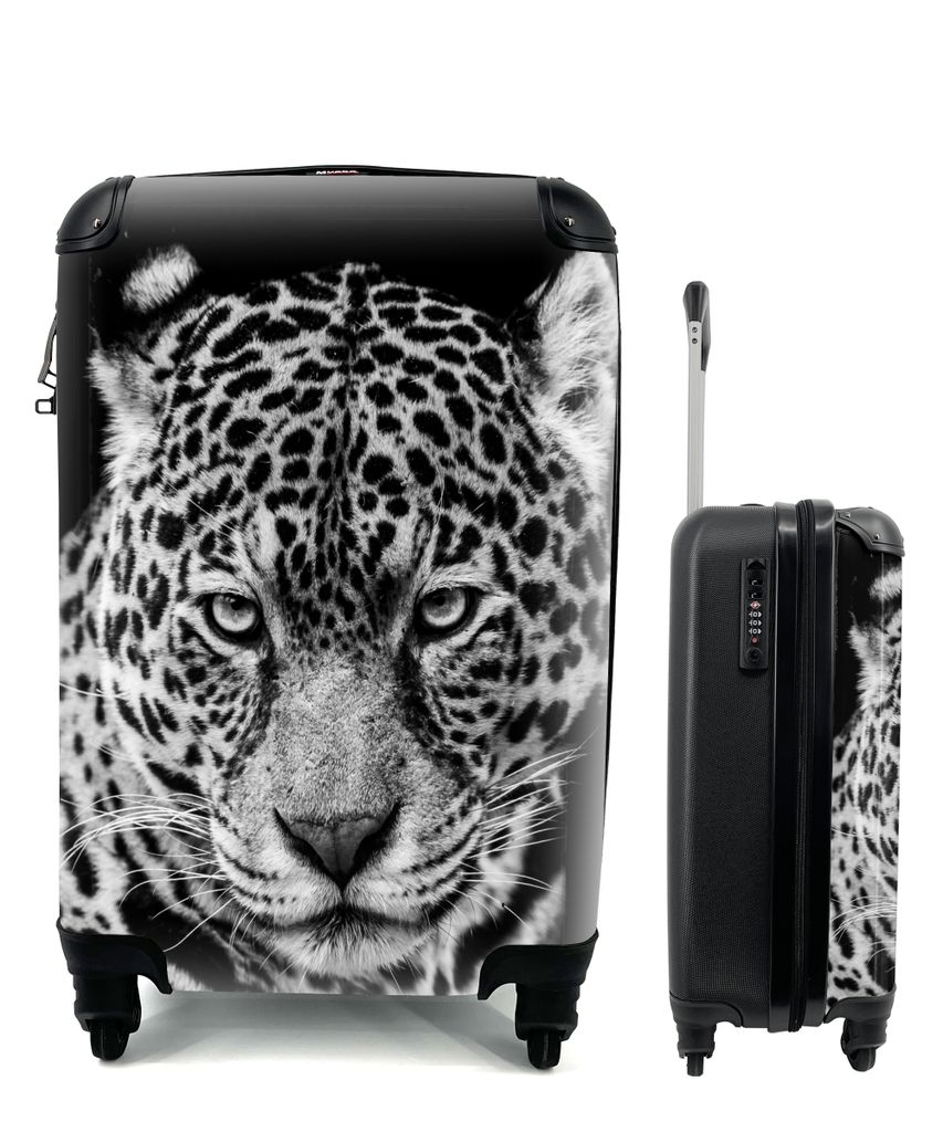 MuchoWow Koffer Handgepäck Trolley Rollkoffer Kleine Reisekoffer mit 4 Rollen - Leopard - Tiere - Schwarz - Weiß - Porträt - Cabin Size < 55x4...