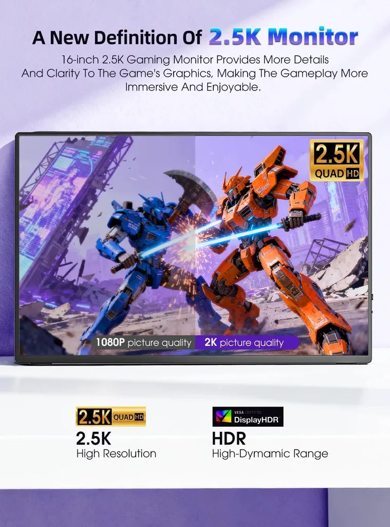 Écran externe portable 16 pouces 2.5K pour télétravail et gaming - 3
