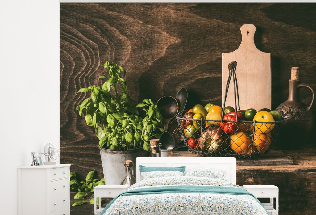 MuchoWow Fototapete für Wohnzimmer oder Schlafzimmer Wandtapete Vinyl Motivtapete Gemüse - Kräuter - Rustikal - Stilleben - Basilikum - 275x22...
