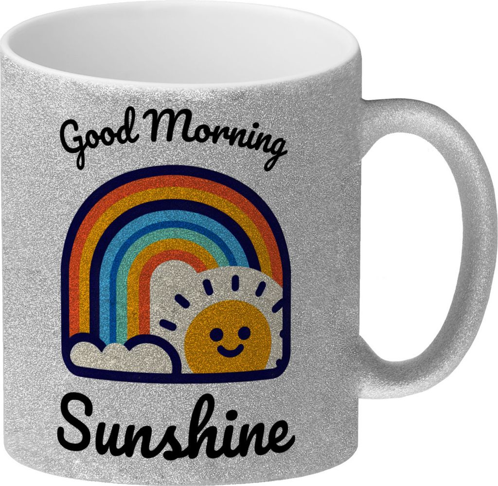 Regenbogen und Sonne Glitzer-Kaffeebecher mit Spruch Good Morning Sunshine