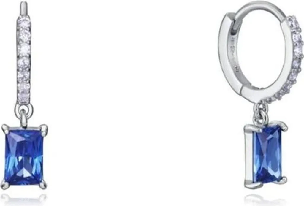 Orecchini Rettangolari In Argento 925 Con Zirconi Blu – Rodiato, Design Tedesco, In Scatola Regalo