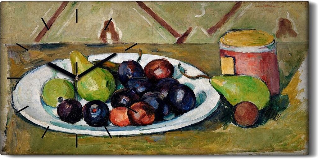 Wanduhr Uhr Wandbild Leinwand 60x30 Teller mit Früchten und Topf mit Konserven - schwarze Hände