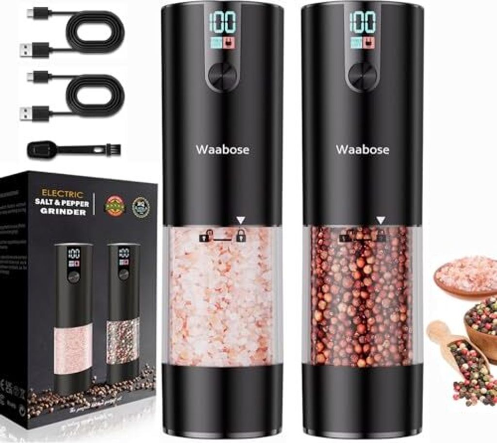 WAABOSE Elektrische Salz Pfeffermühle Set LCD -Display, LED -Beleuchtung, verstellbare Schleifstärke Küche, BBQ