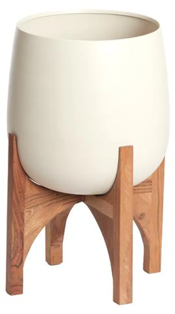 Grand vase décoratif sur pied bois et crème mat KARUNA - Ø36x50 cm