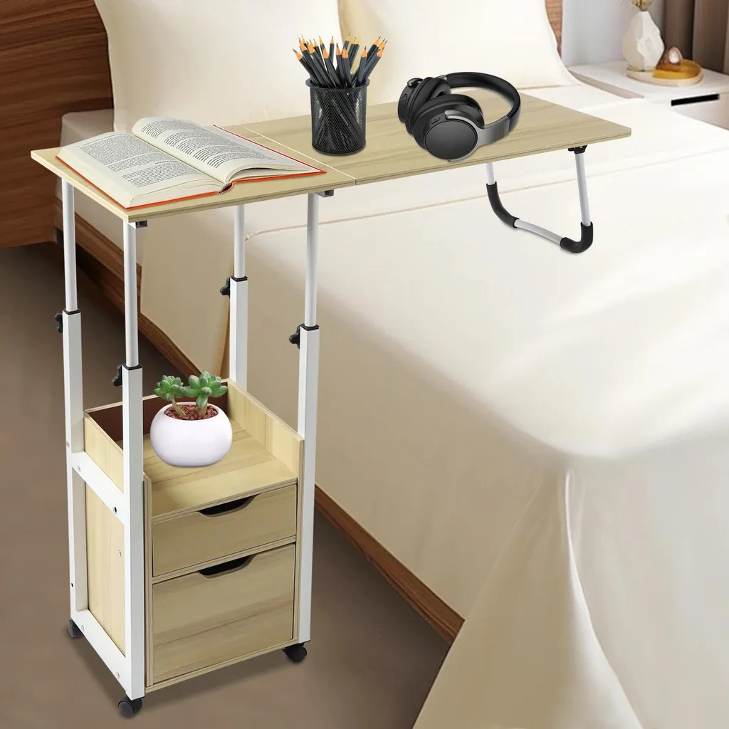 Petite table de nuit à roulettes avec 2 tiroirs et plateau réglable 40cm - 3