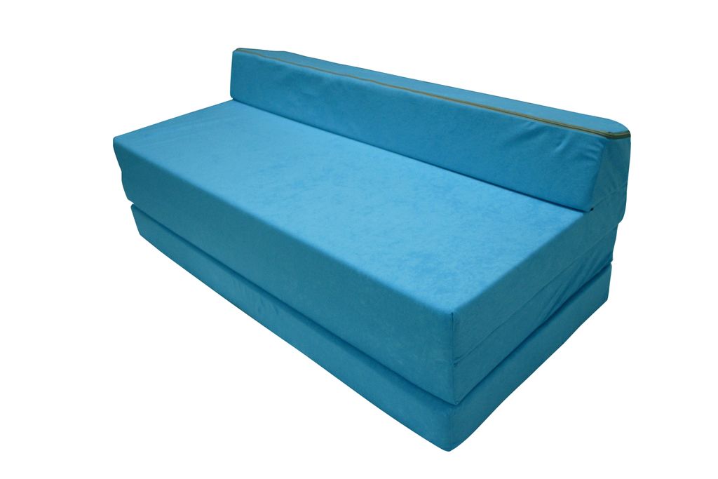 A blue foldable mattress that can be used as a sofa.