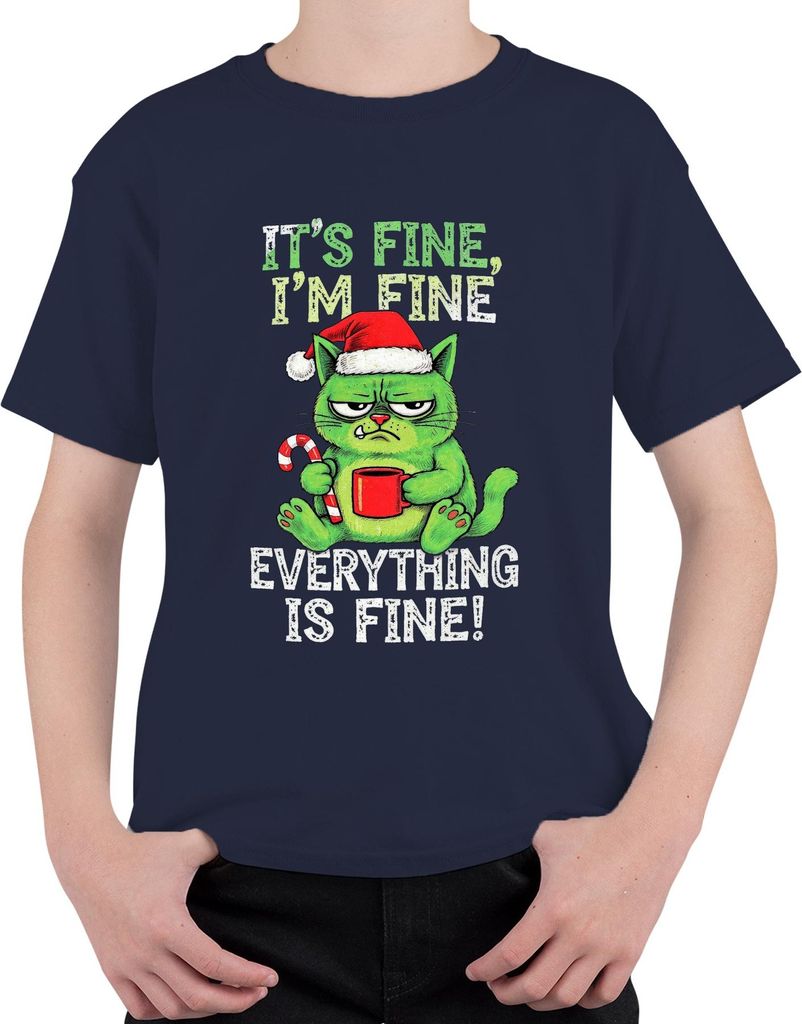 It's fine I'm fine everything is fine grumpy cat lustig weihnachten Uni Kinder T-Shirt, Navy, 128