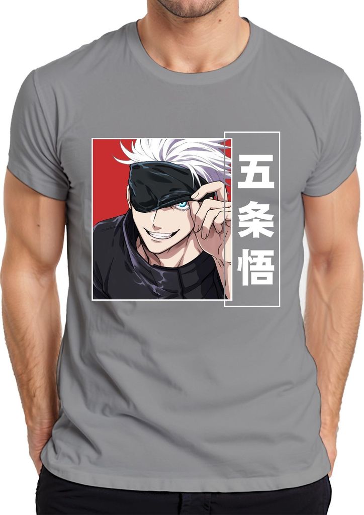 Jujutsu Kaisen Gojo Satoru 五条悟 Anime Ästhetik Augenbinde weißes Haar Herren T-Shirt, Grau, XL