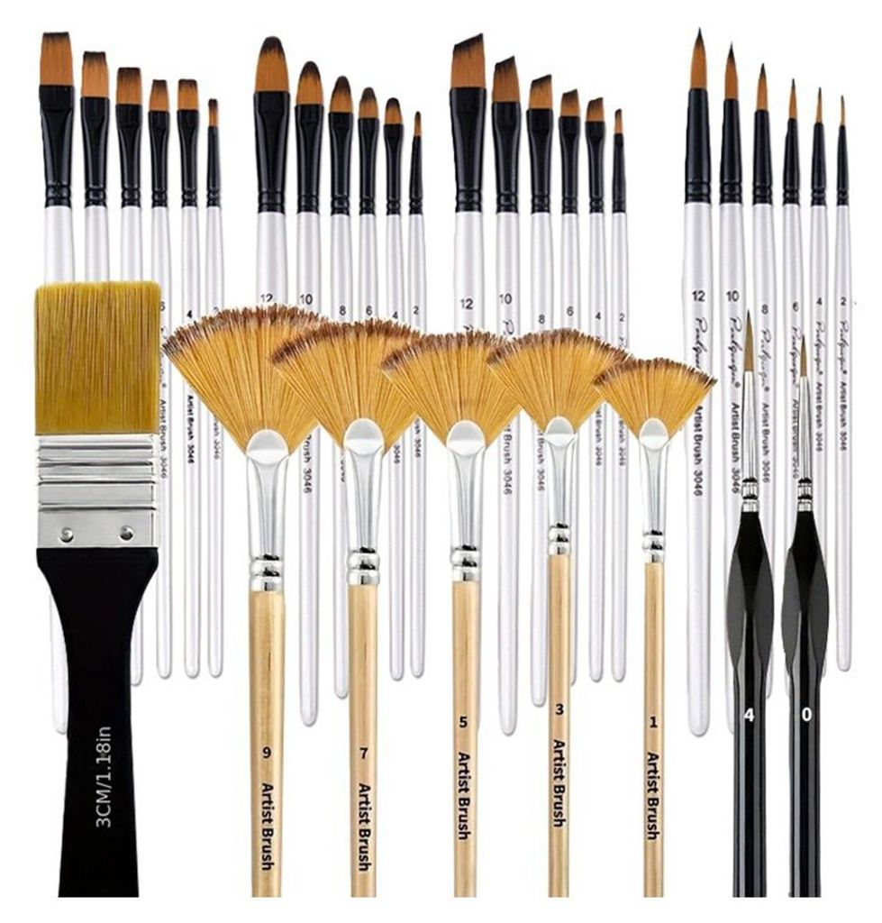 32teiliges professionelles Pinselset, Nylonhaar, Birkenstiel, Aquarell- und Gouachefarben, rund/flach/fein/fächerförmig/Detail, für Anfänger