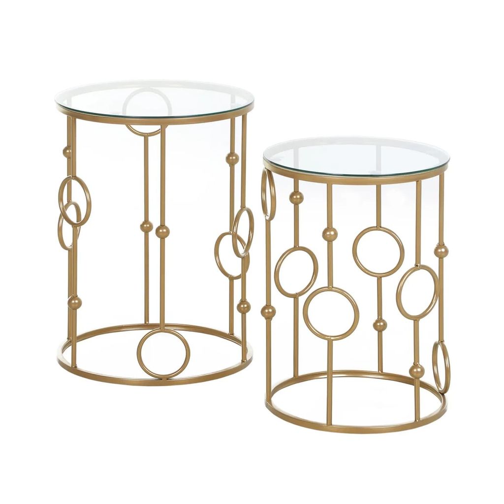 2er-Set Couchtisch, Beistelltisch mit Glasplatte, Wohnzimmertisch mit Reifen- und Kugeldesign Ø41 x 57 cm