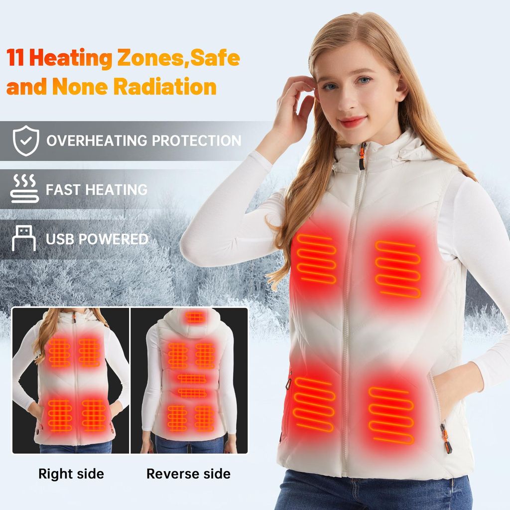Beheizbare Weste für Damen Beheiztes Gilet mit 11 Heizpads, beheizter Körperwärmer für Outdoor-Arbeiten (Akku nicht enthalten)-Weiß-L