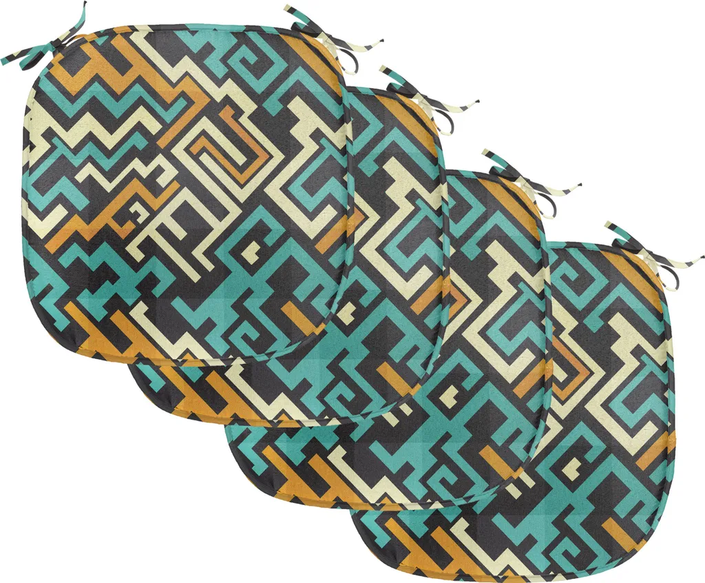 ABAKUHAUS Imbottitura geometrica per sedie da sala da pranzo, linee surreali e futuristiche, cuscino decorativo impermeabile con cinturini per sedie da cucina, 40 cm x 40 cm, confezione da 4, giallo pallido turchese - 1