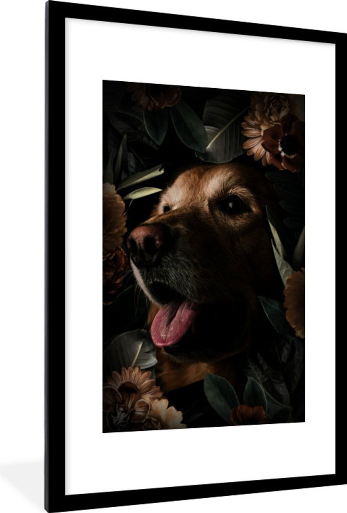 MuchoWow MuchoWow Gerahmtes Poster Hund - Blumen - Pflanzen 60x90 cm - Poster mit zchwarzem Bilderrahmen - Dekoration - Wandposter Wohnzimmer -...